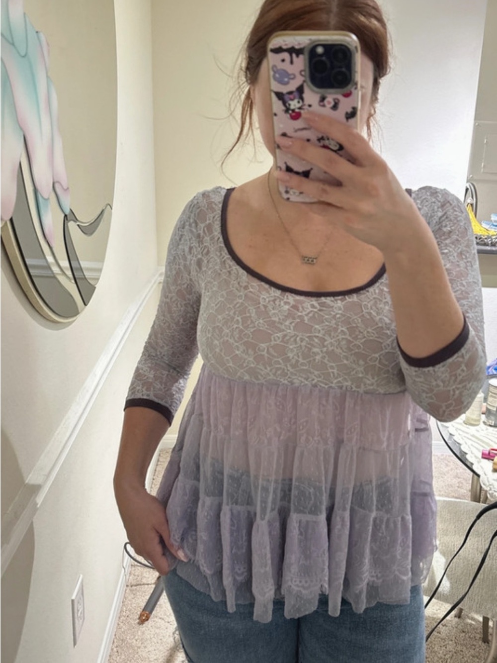 Free People Lavender Lace Babydoll Tunic with Dark Trim